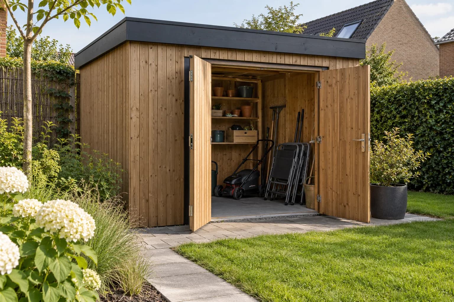 Tuingereedschap en opgevouwen stoelen achter de open deuren van een tuinhuis met plat dak.