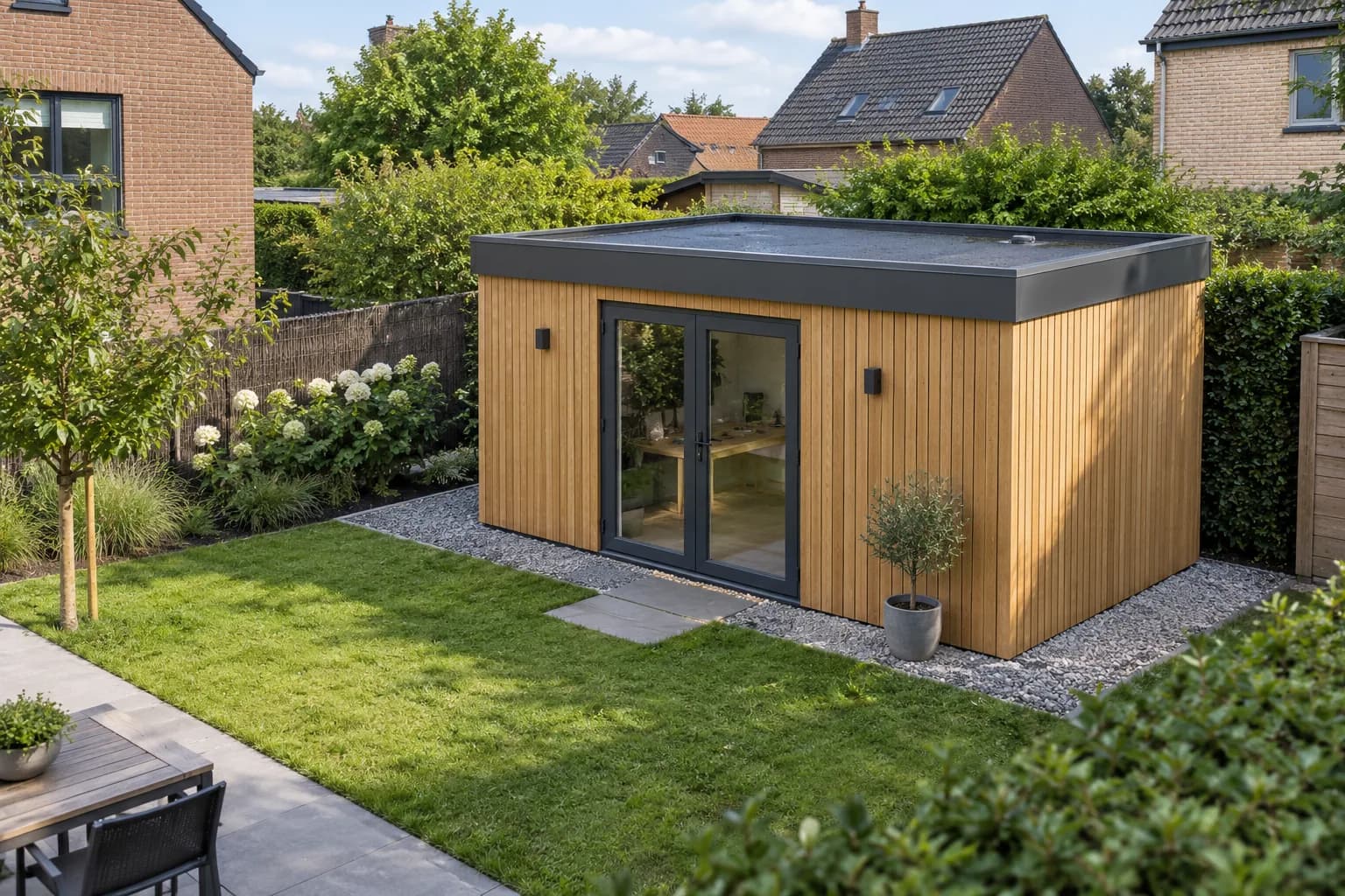 Modern houten tuinhuis met plat dak en glazen dubbele deuren in een compacte tuin.