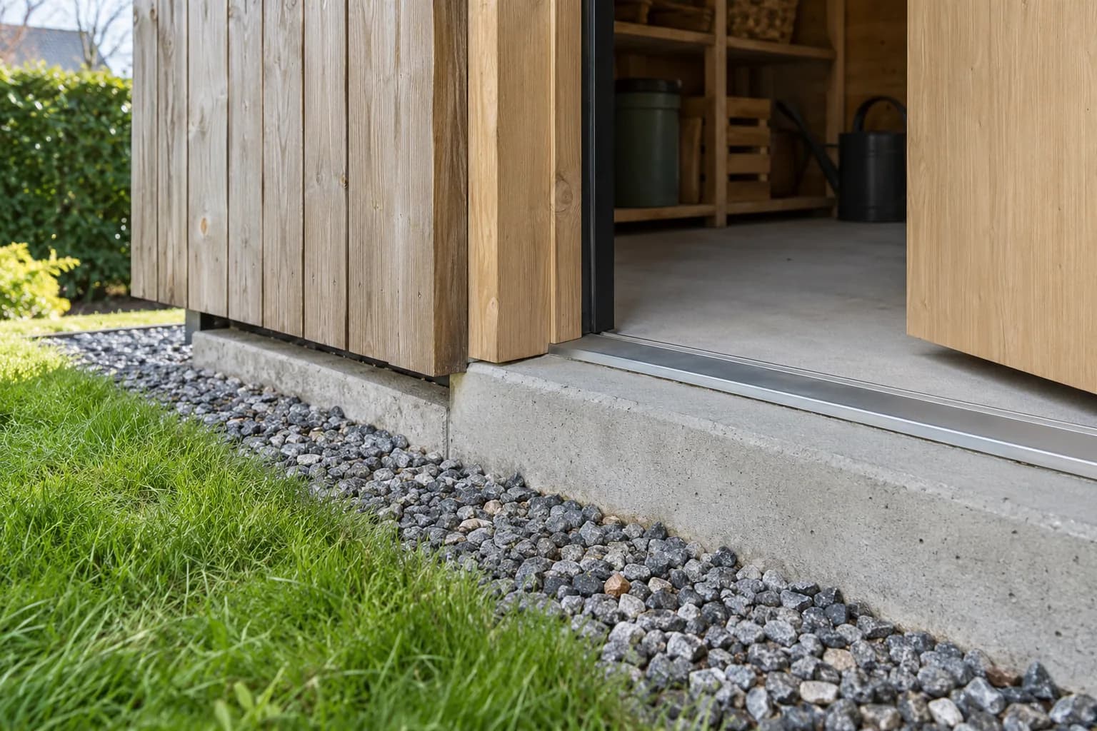 Dorpel en betonnen fundering onder de houten gevel van een tuinhuis.