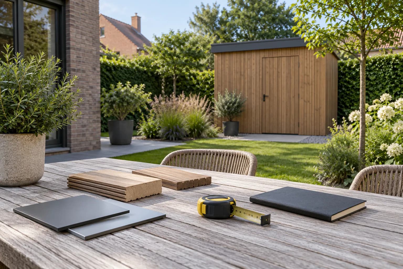 Materiaalstalen en meetgereedschap op een tafel met een houten tuinhuis op de achtergrond.