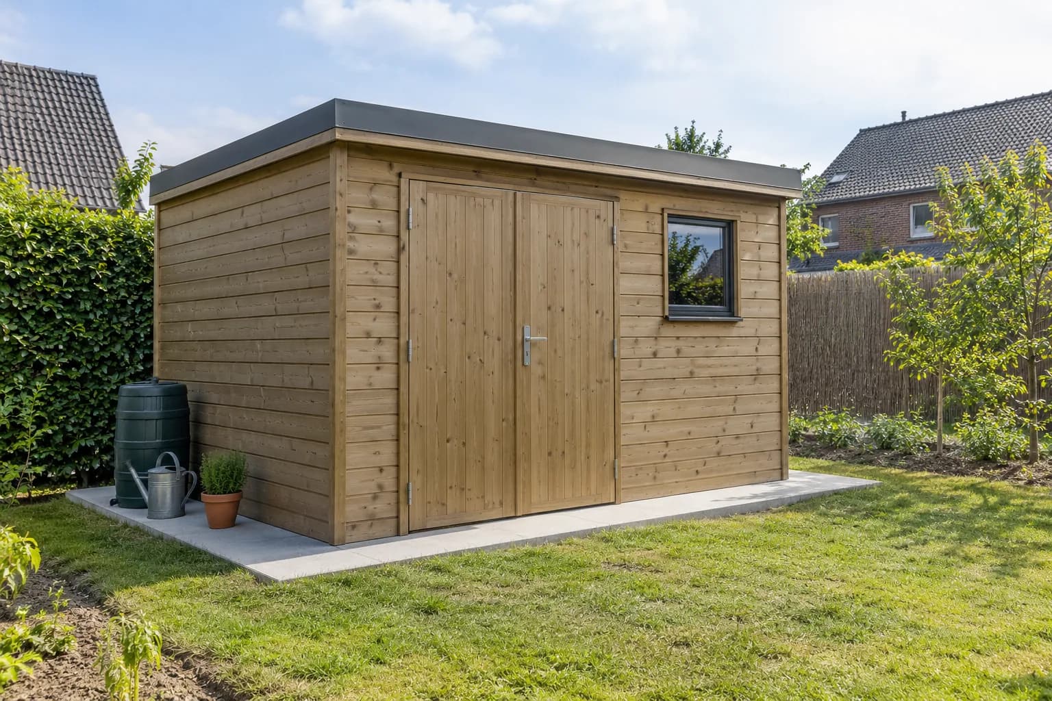 Houten tuinhuis met dubbele deuren en een klein raam op een betonnen ondergrond.
