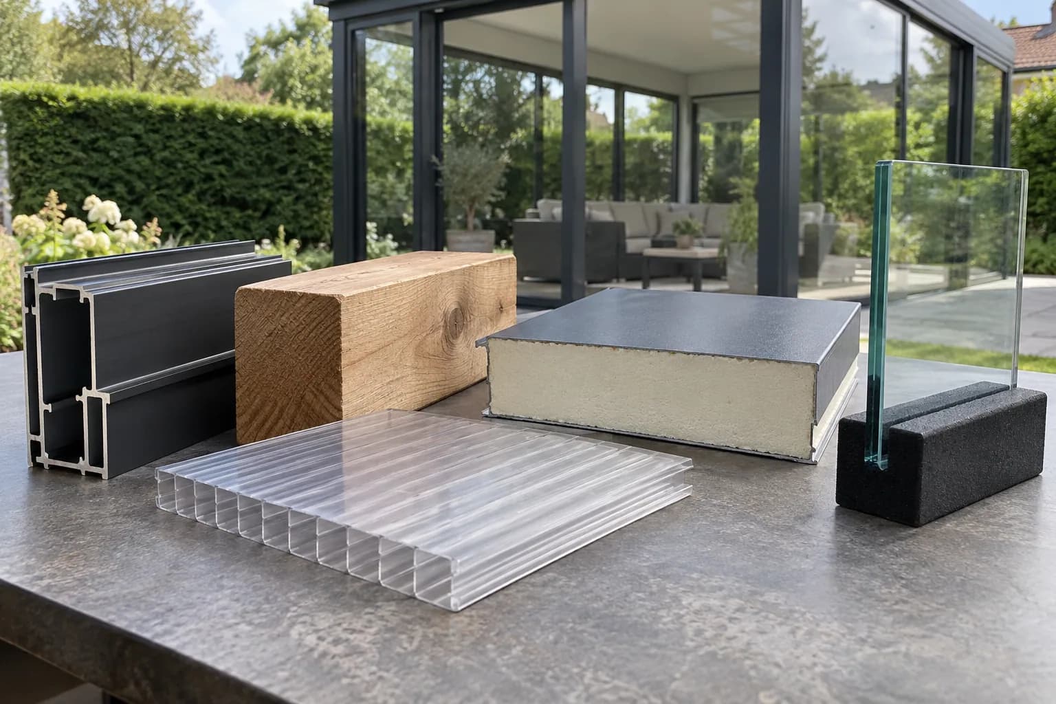 Materiaalstalen voor een tuinkamer: metaalprofiel, hout, kanaalplaat, geïsoleerd dakpaneel en glas