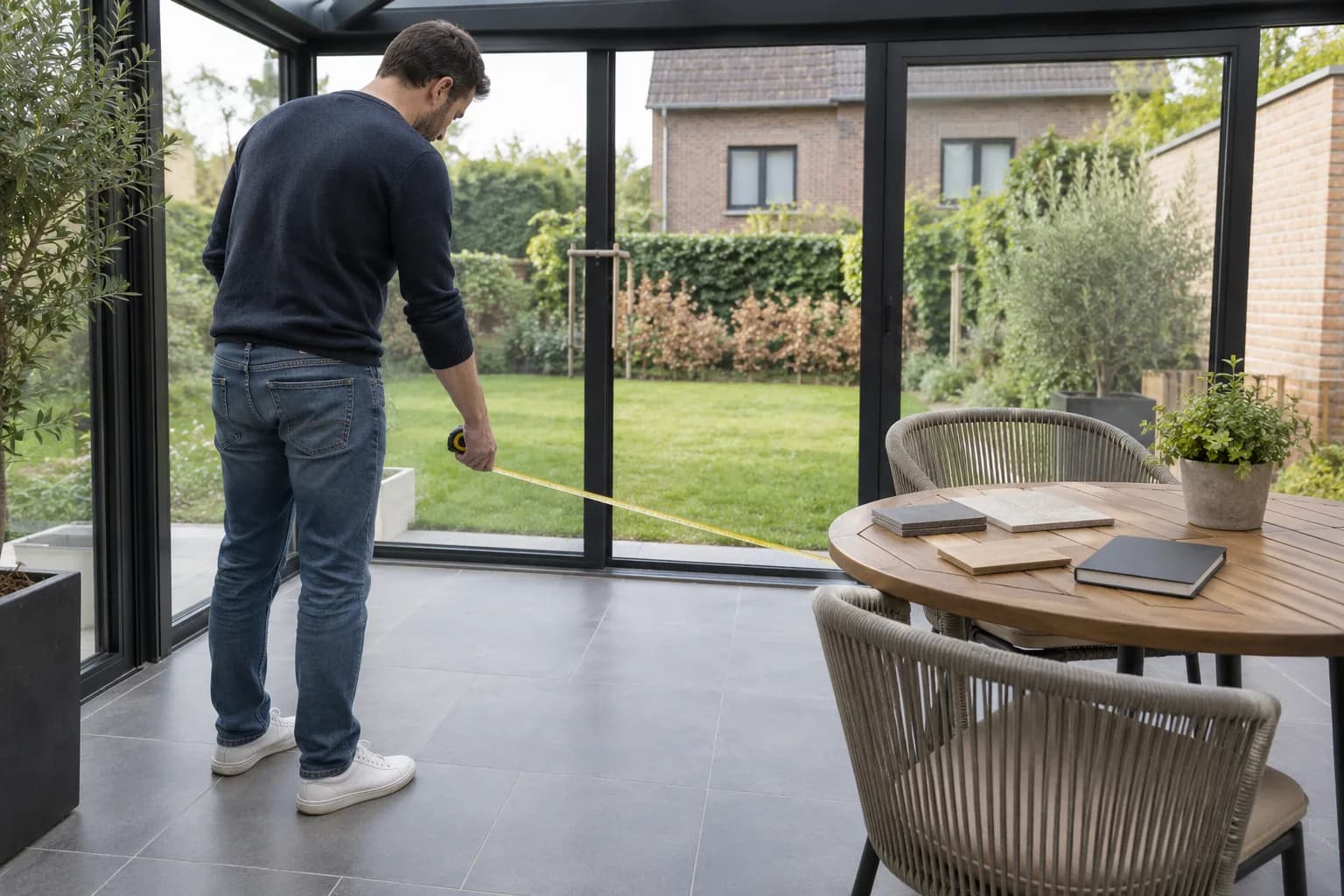 Persoon meet de ruimte naast een eettafel in een glazen tuinkamer, met afwerkingsstalen op het blad