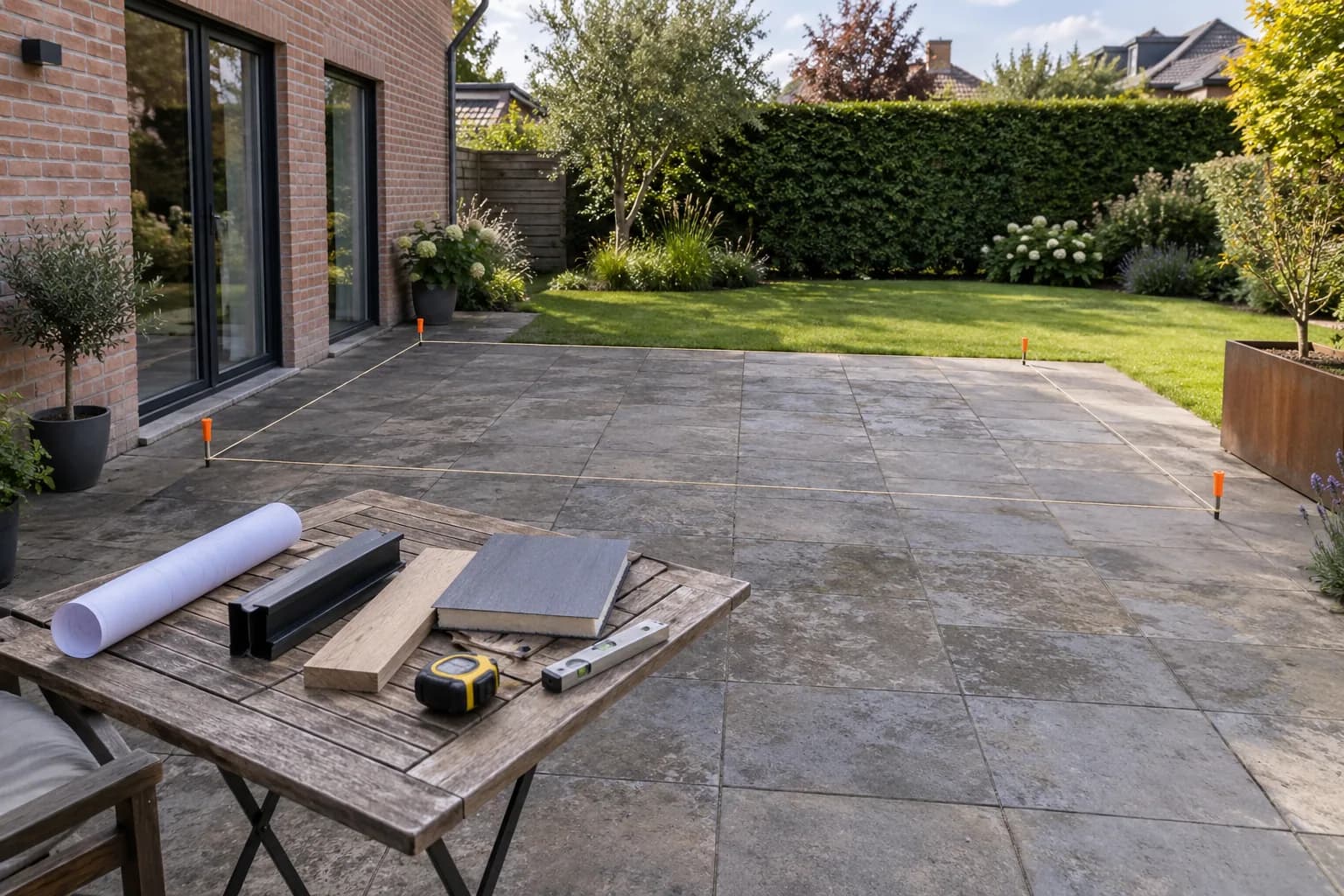 Afgebakende ruimte voor een tuinkamer op het terras, met materiaalstalen, rolmaat en waterpas