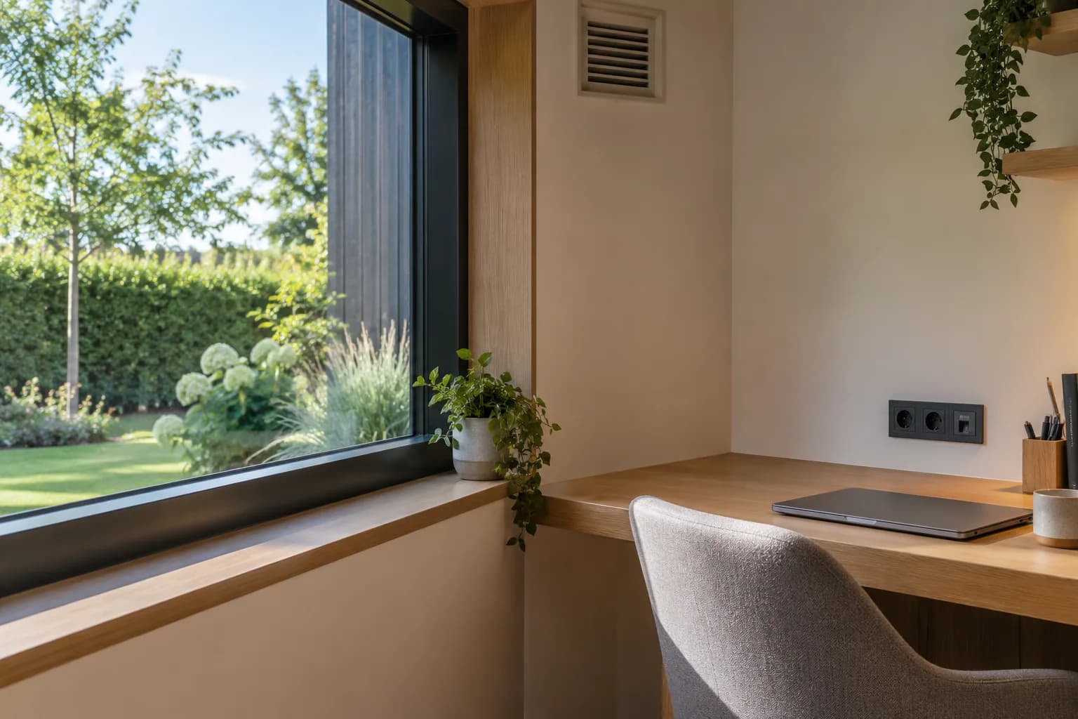 Raamaansluiting, ventilatierooster en stopcontacten in een tuinkantoor
