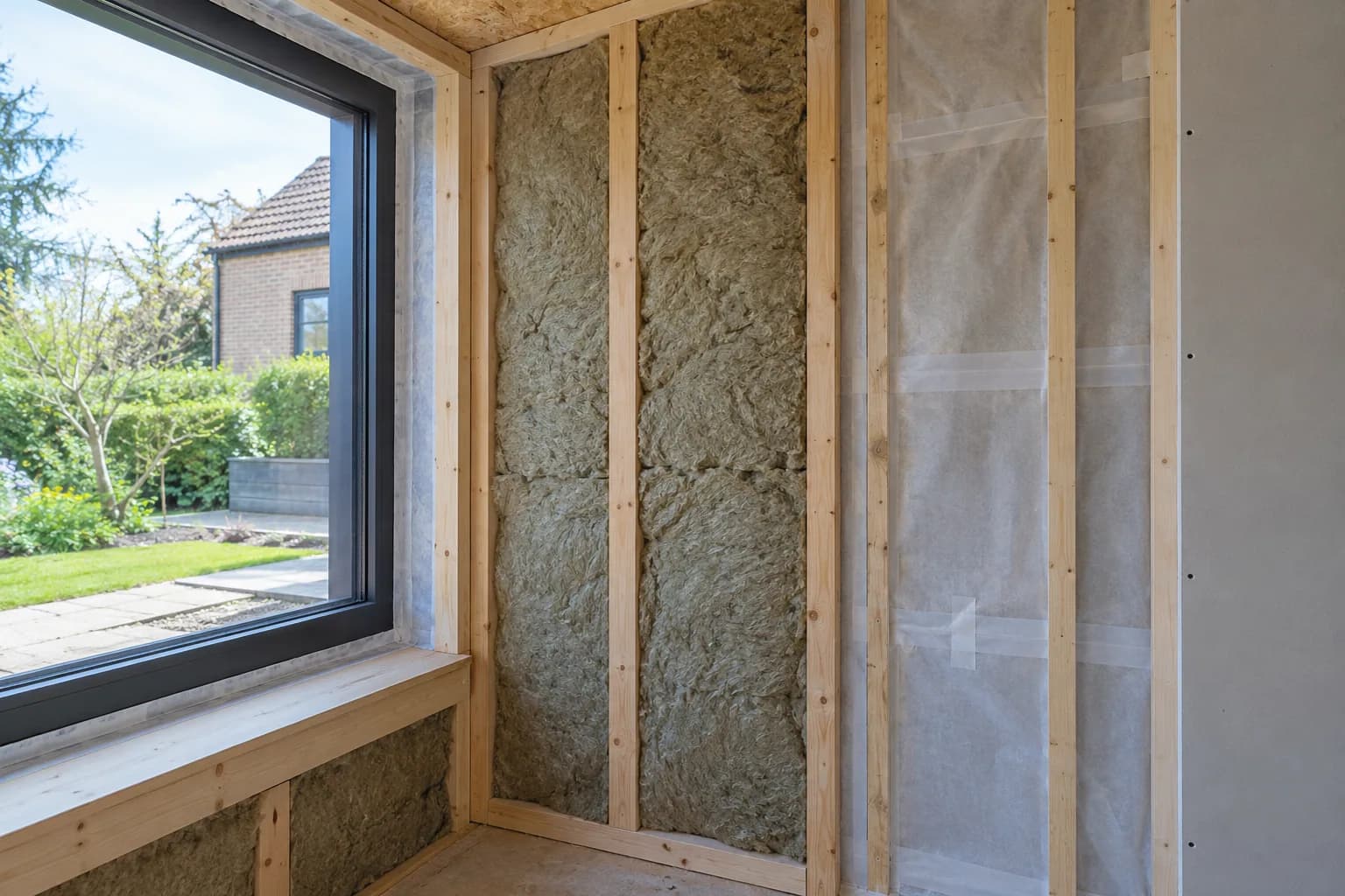 Wand van een tuinkantoor in aanbouw met minerale wol, houten stijlen en gedeeltelijk aangebrachte dampremfolie