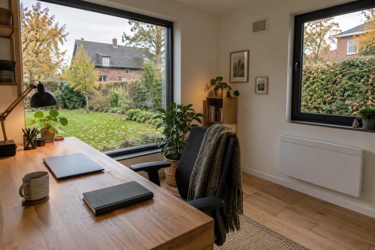 Ingericht tuinkantoor met houten bureau, ergonomische stoel, brede ramen en een wandverwarmingspaneel