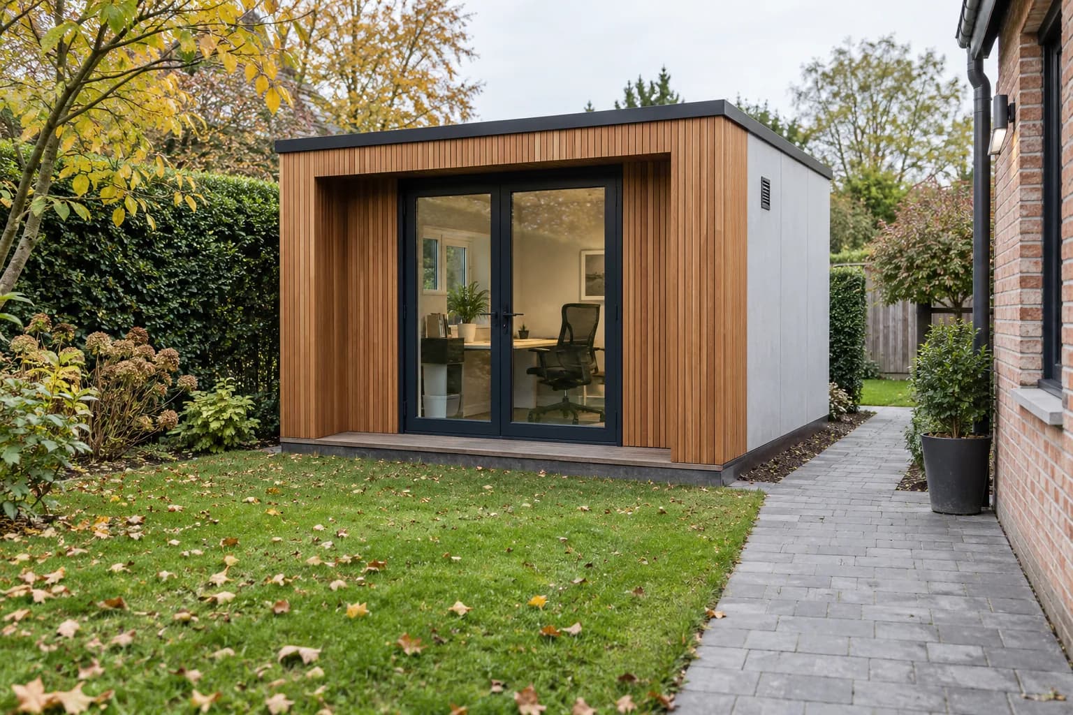 Compact tuinkantoor met houten voorgevel, grijze zijwand en bureau achter gesloten glazen deuren