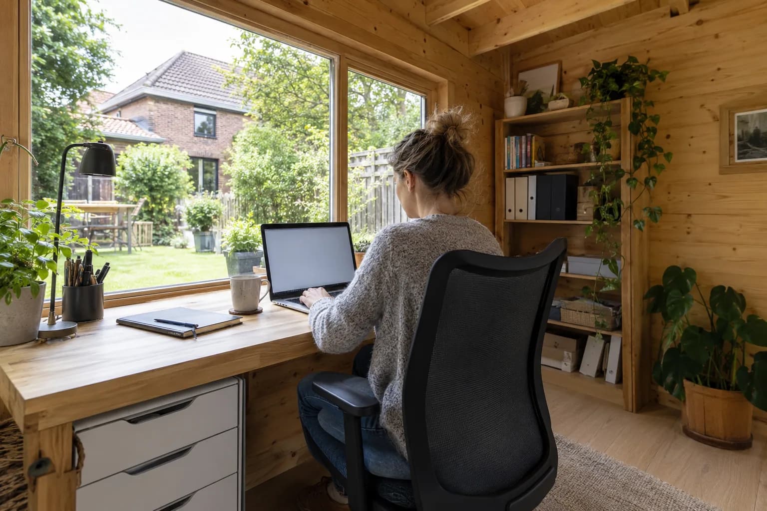 Thuiswerker aan een bureau in een houten tuinkantoor met breed raam en uitzicht op de tuin