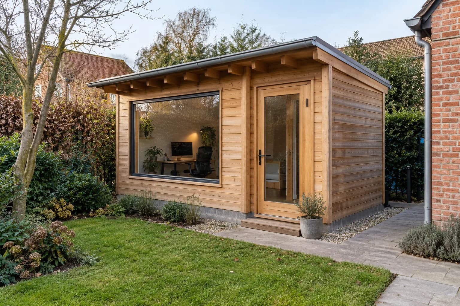 Houten tuinkantoor met horizontale planken, glazen deur, breed raam en lessenaarsdak met dakgoot