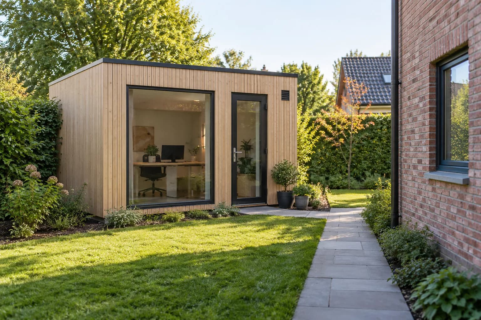 Vrijstaand houten tuinkantoor met grote ramen en een pad naar de woning