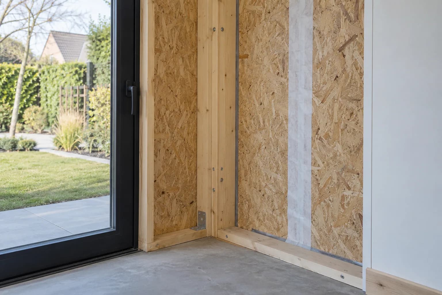 Binnenhoek van een tuinkantoor in afbouw met houten stijlen, OSB-platen, afdichtingstape en metalen hoekanker