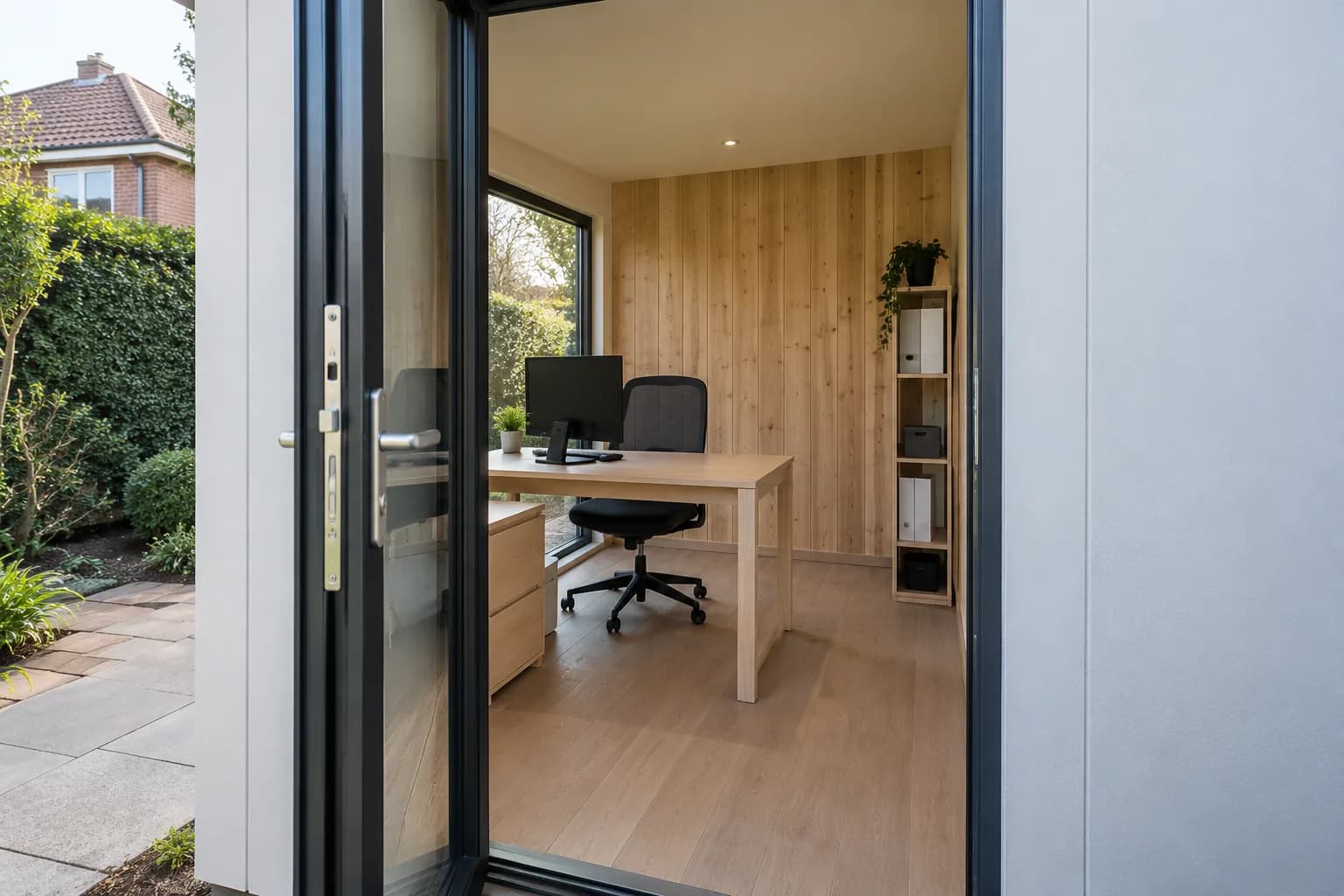 Open deur van een prefab tuinkantoor met bureau, beeldscherm, bureaustoel en smalle opbergkast