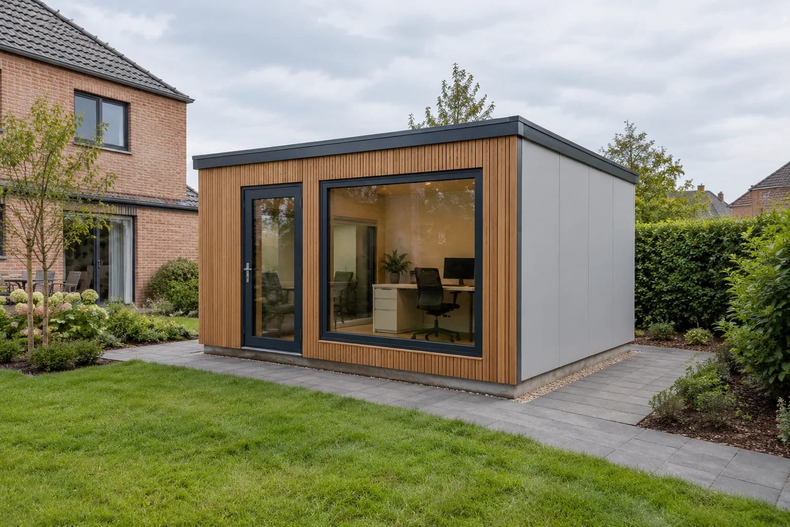 Prefab tuinkantoor met houten voorgevel, grijze wandpanelen en bureau achter een groot raam