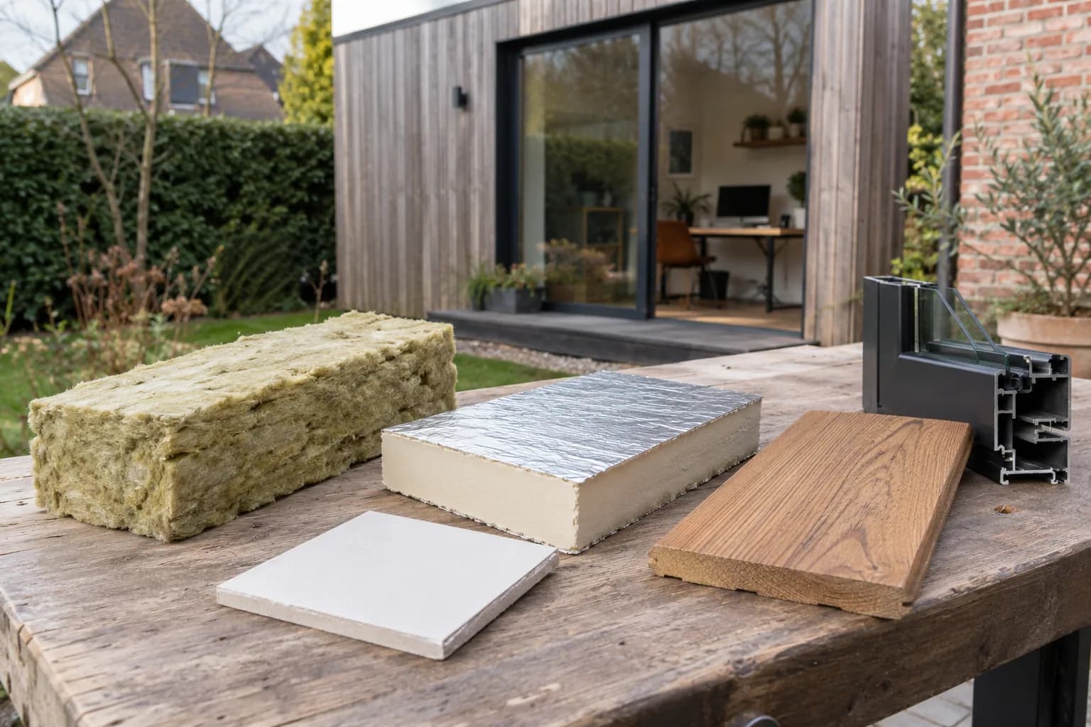 Isolatiestalen, gipsplaat, houten plank en raamprofiel op een tafel voor een ingericht tuinkantoor