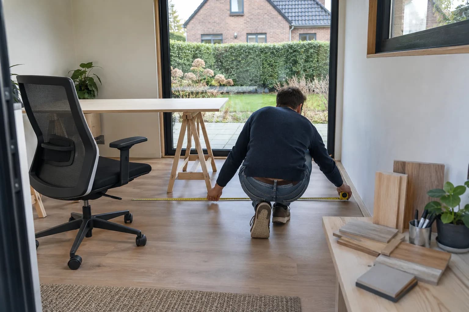 Persoon meet de vloerruimte van een tuinkantoor naast een bureau op schragen en materiaalstalen