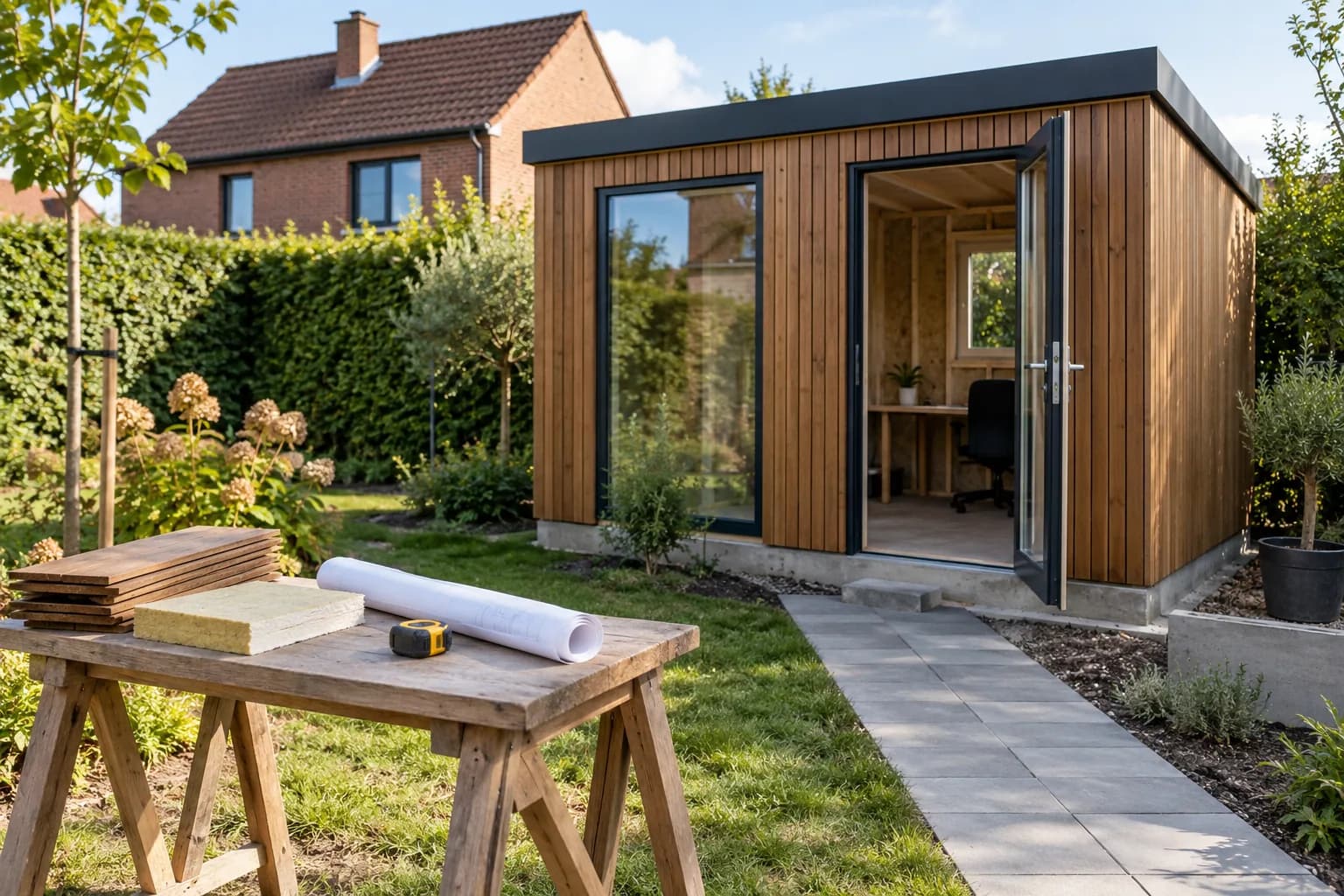 Tuinkantoor in afbouw met houten gevelplanken, isolatiestaal, tekening en rolmaat op een werktafel