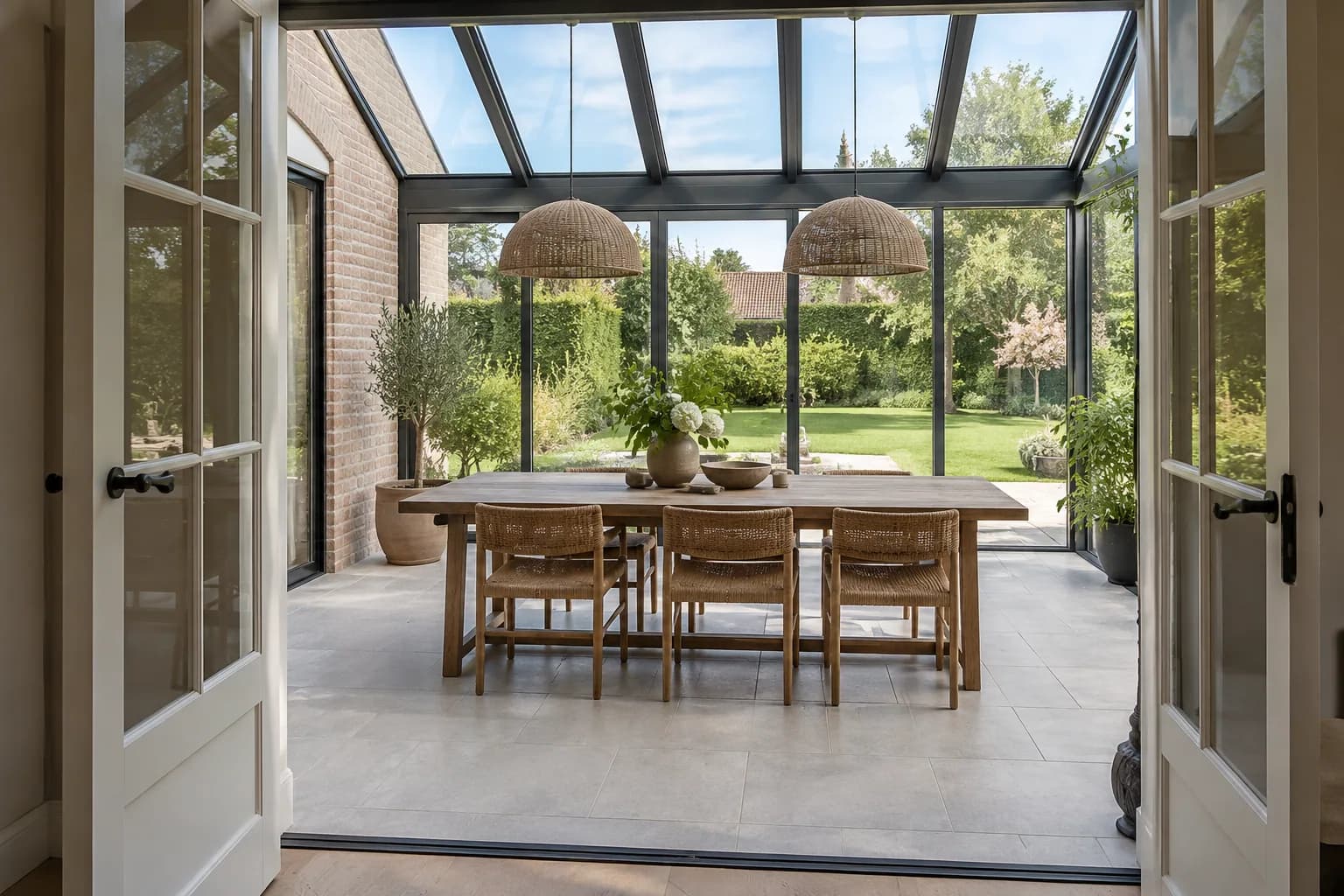 Overgang van de bestaande woning naar een aangebouwde veranda met eethoek.