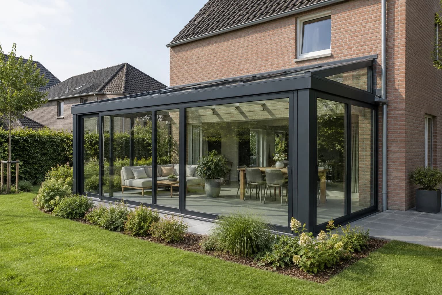 Aangebouwde veranda met glazen wanden en een zichtbare aansluiting op de bestaande bakstenen woning.