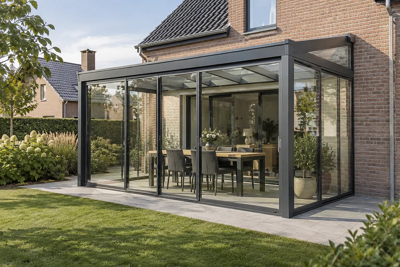 Aluminium veranda met glazen zijwanden en schuifdeur, aangebouwd aan een bakstenen woning.
