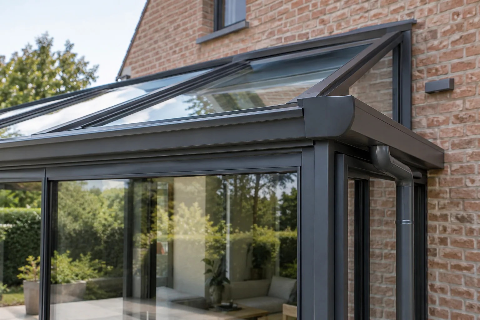 Detail van aluminium dakprofielen, beglazing en dakgoot van een veranda