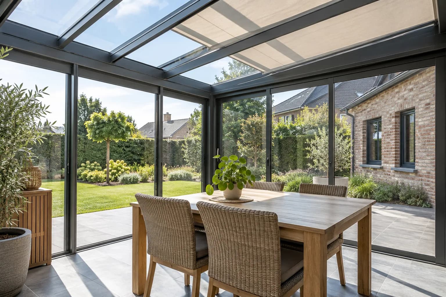 Veranda met eettafel, gesloten glazen schuifwand en buitenzonwering op het dak