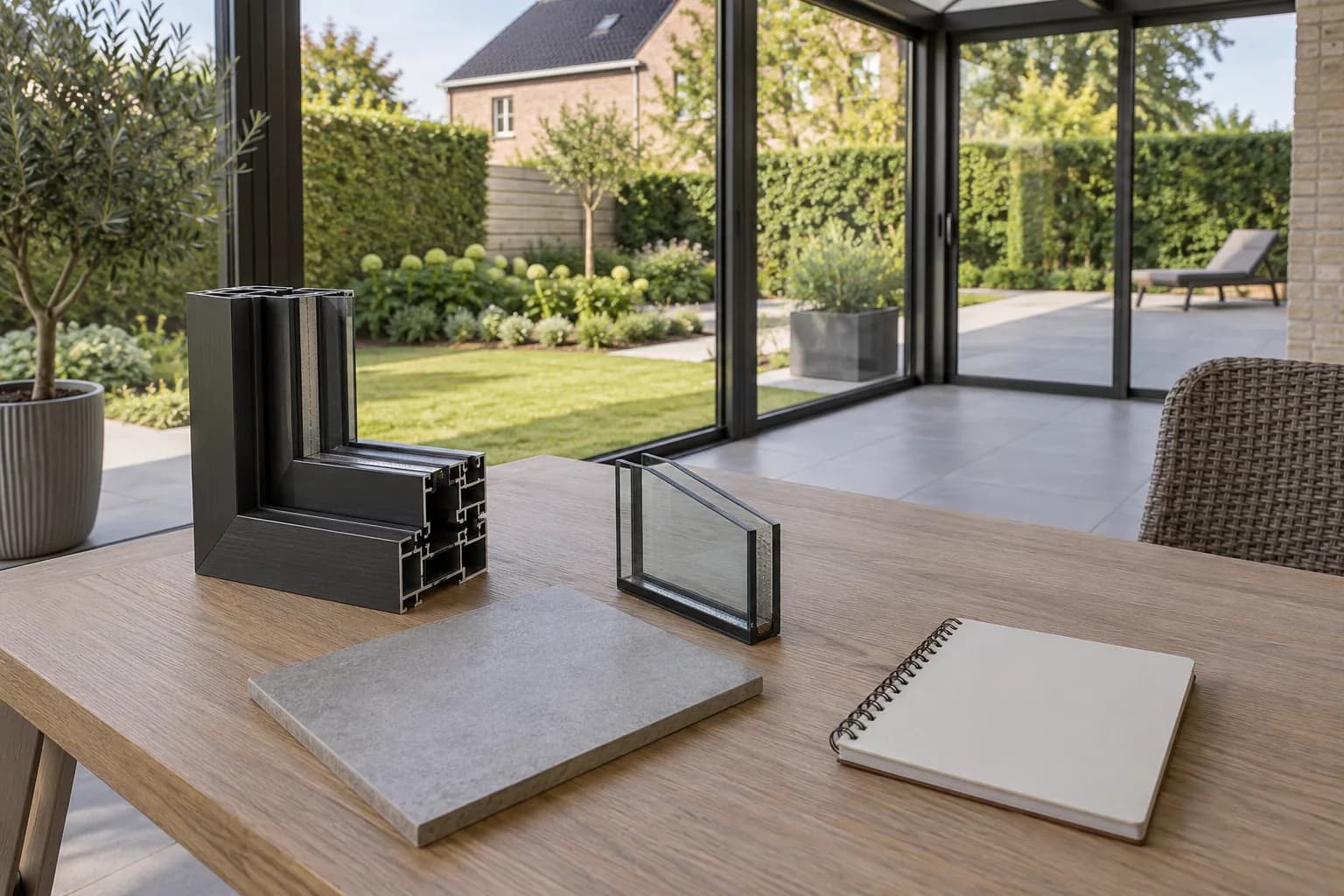 Aluminium raamprofiel, glasstaal en vloertegel als materiaalkeuzes voor een veranda.