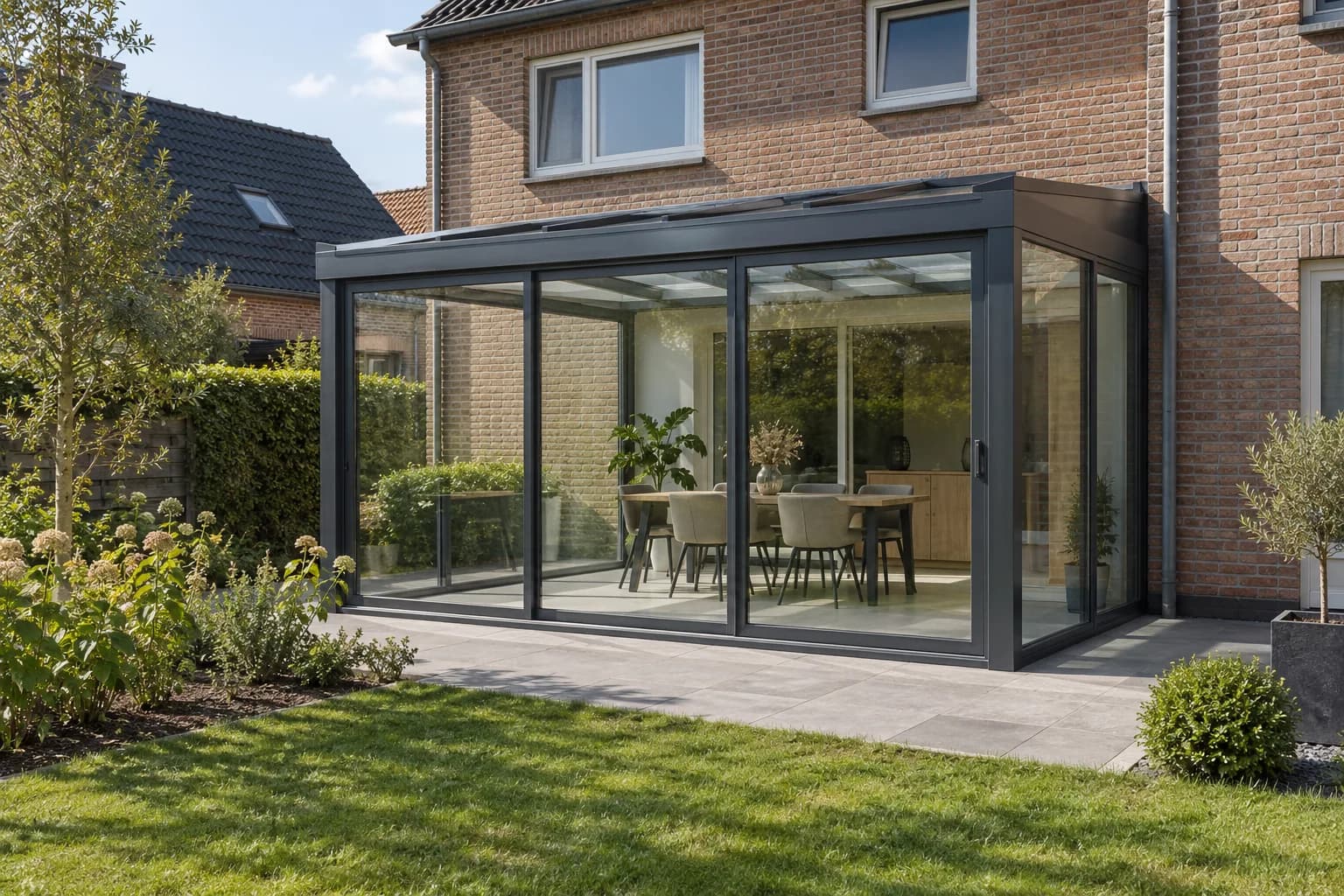 Compacte veranda met aluminium profielen, glazen dak en gesloten glaswanden aan een woning.