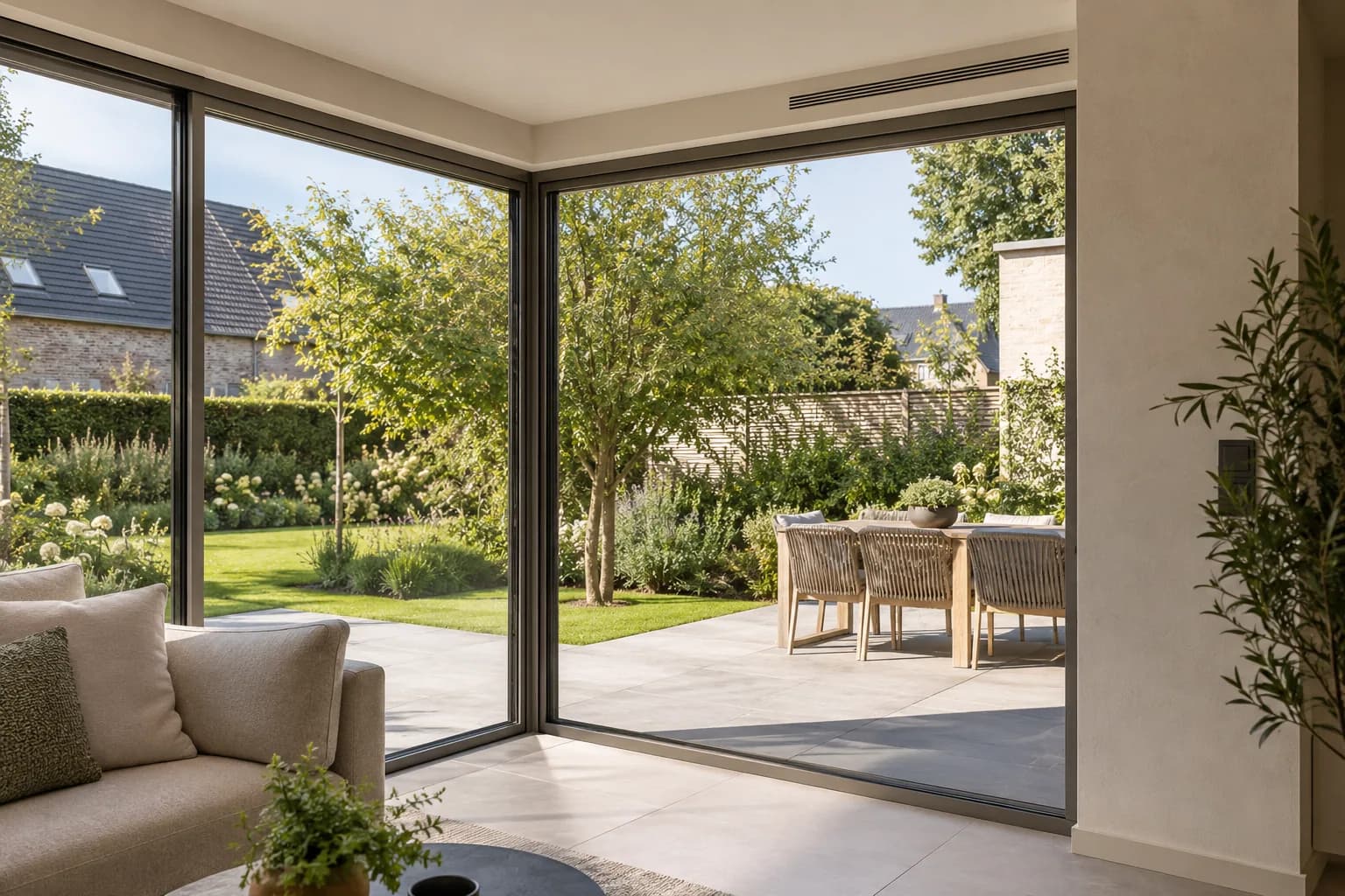 Afgewerkte binnenhoek van een woonveranda met glasprofielen, ventilatierooster en tegelvloer.
