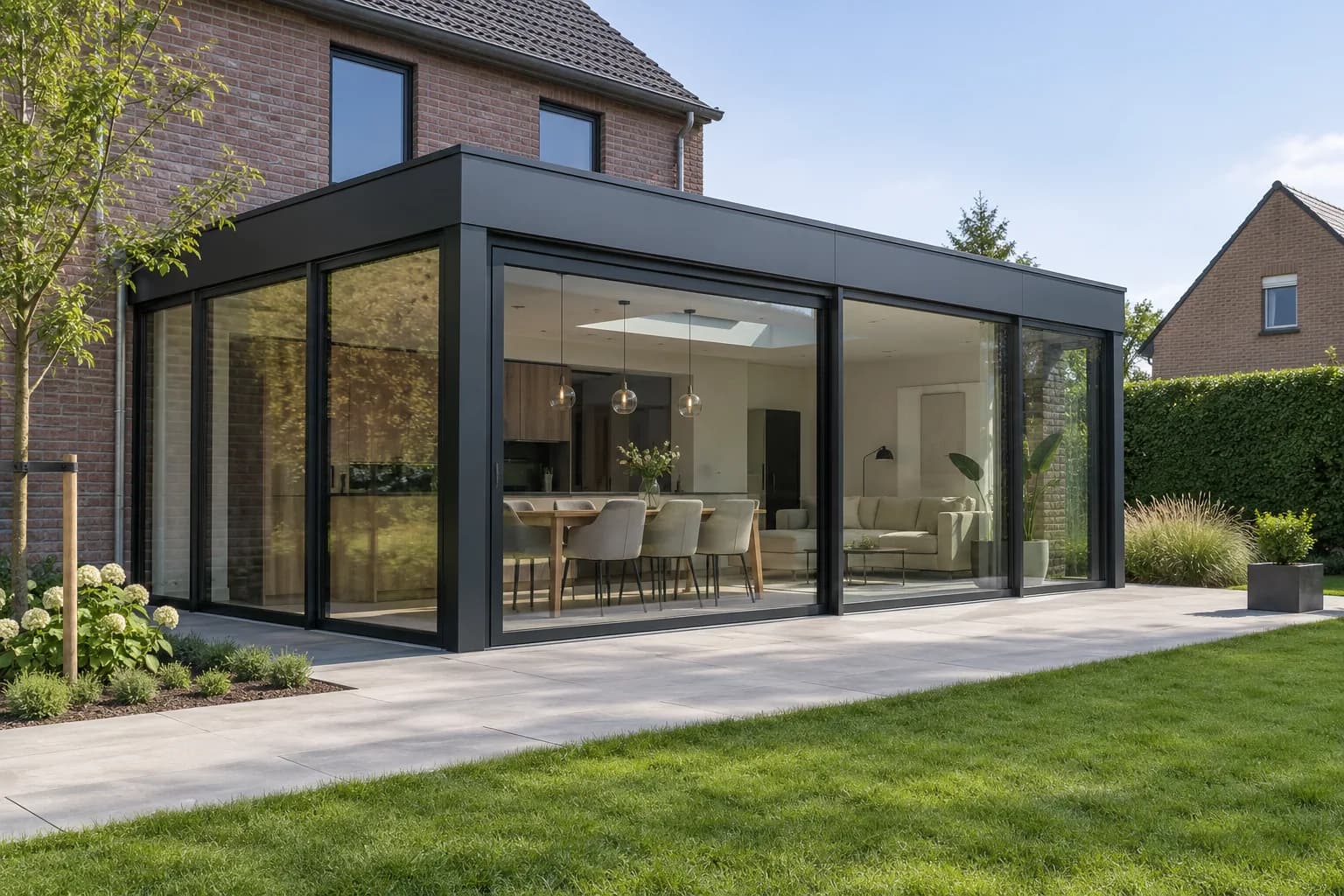 Gesloten woonveranda met grote glaspartijen en een plat dak als uitbreiding van de woning.