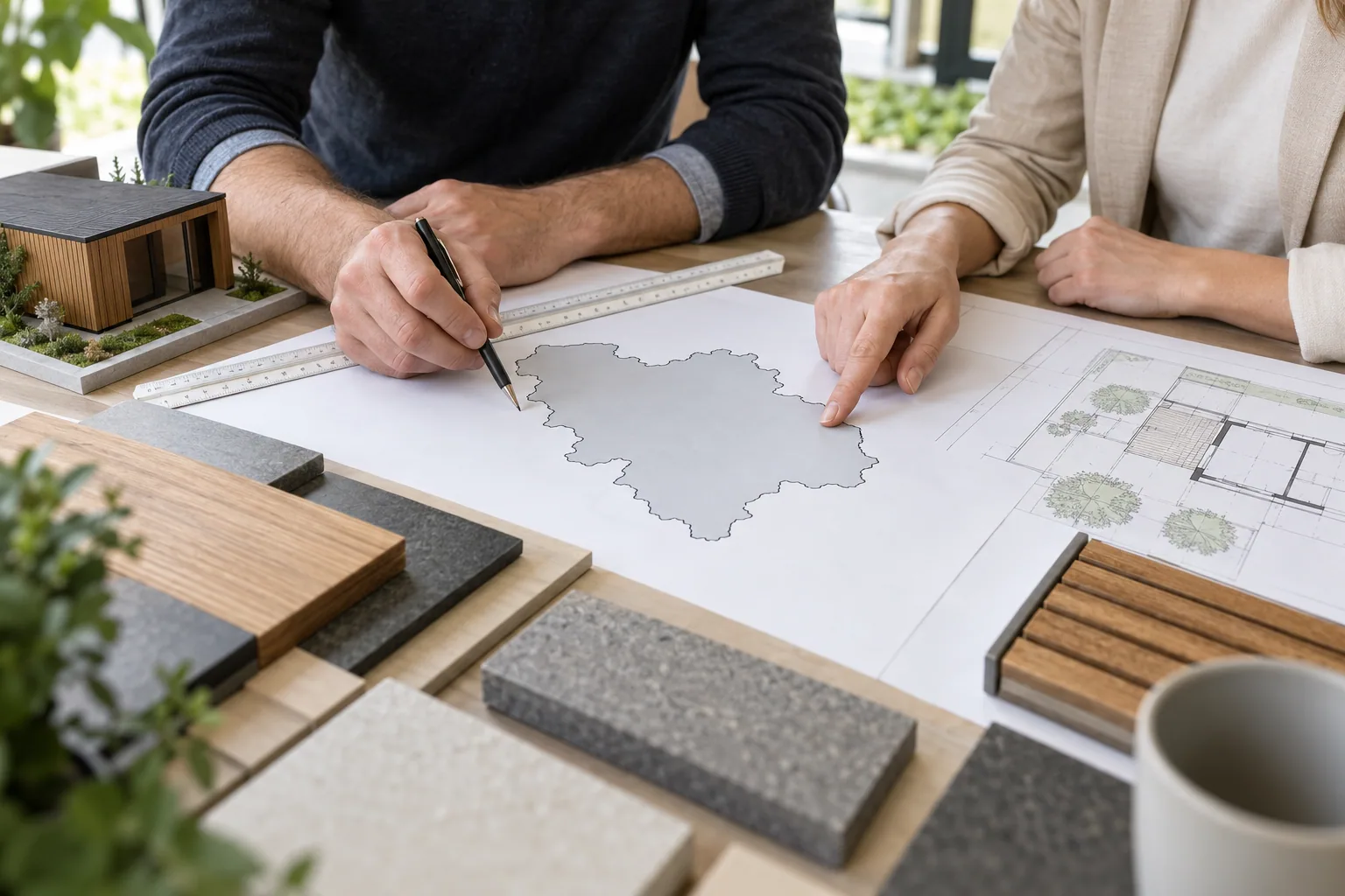 Twee personen bekijken een kaart van België naast bouwplannen en materiaalstalen