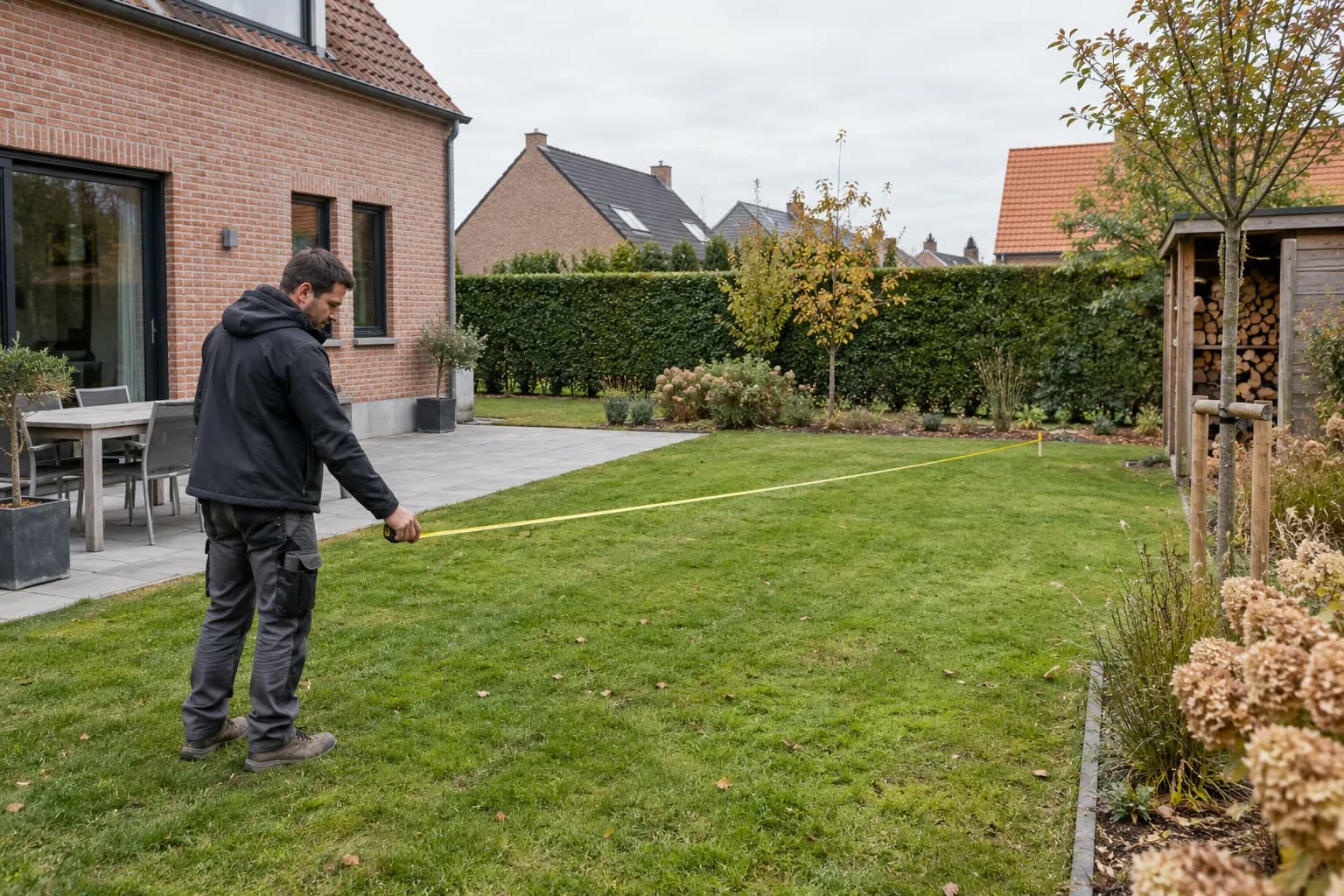 Vakman meet de beschikbare ruimte in een tuin naast een bakstenen woning