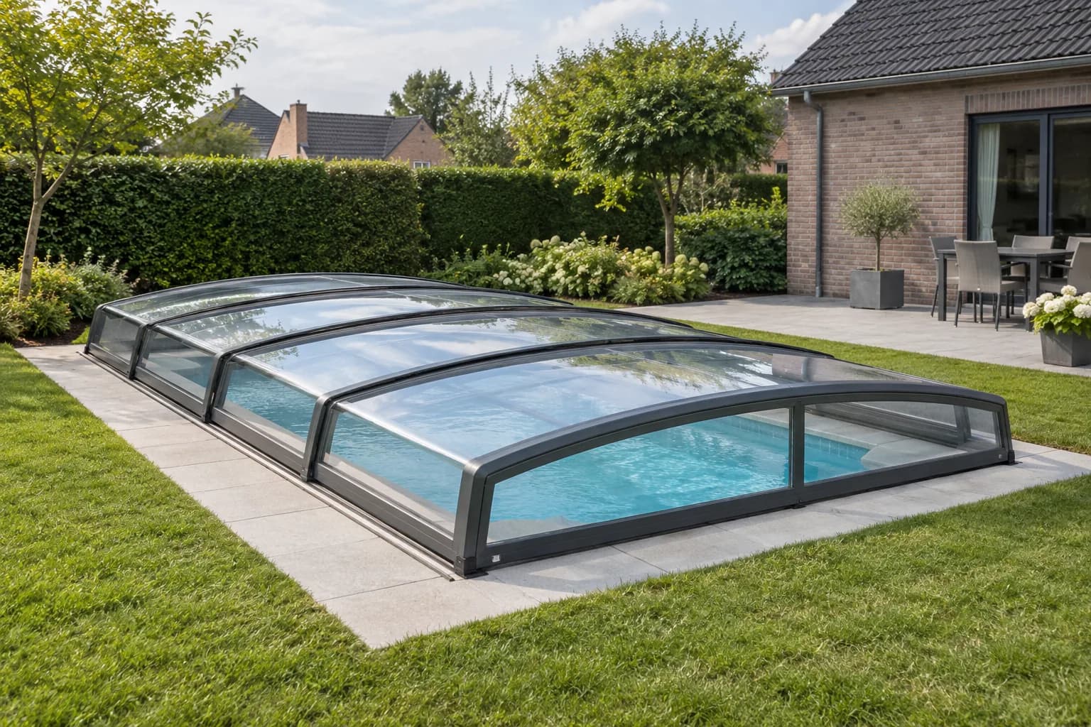 Lage transparante zwembadoverkapping met telescopische modules op rails in een Belgische tuin.